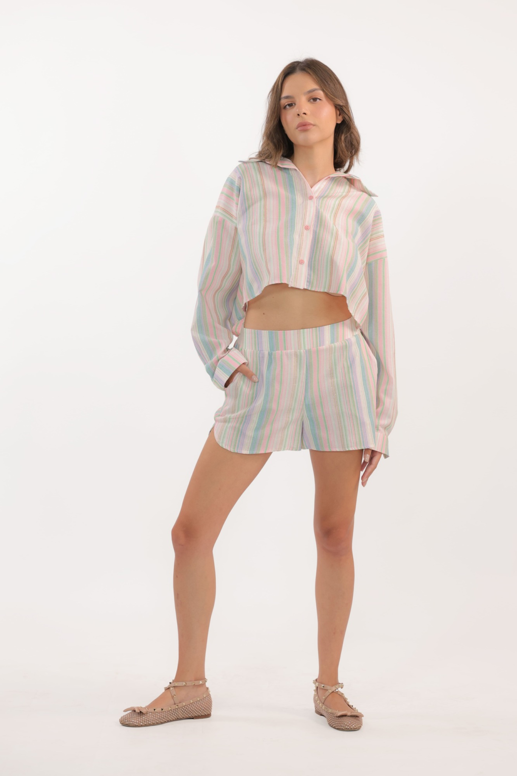 THE CROP STRIPED SHORT SET -  Striped Multi